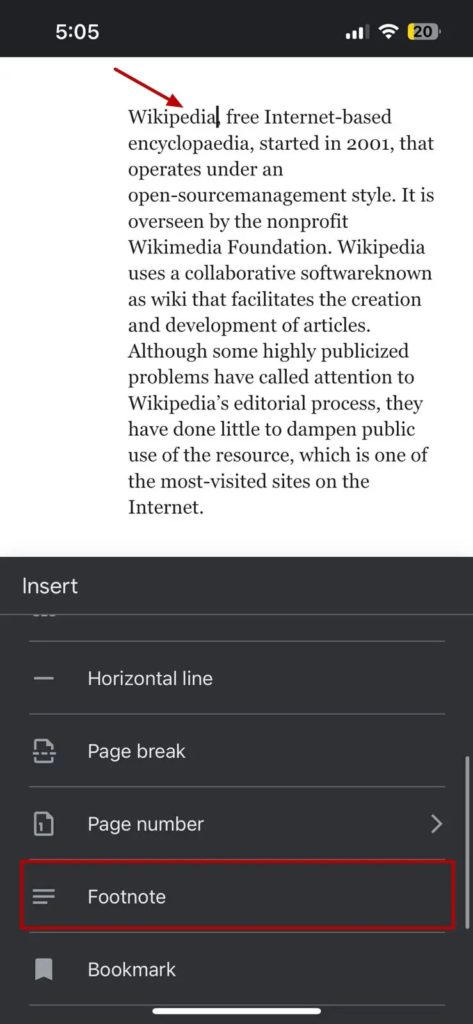 Google Docs Mobile Select Footnote