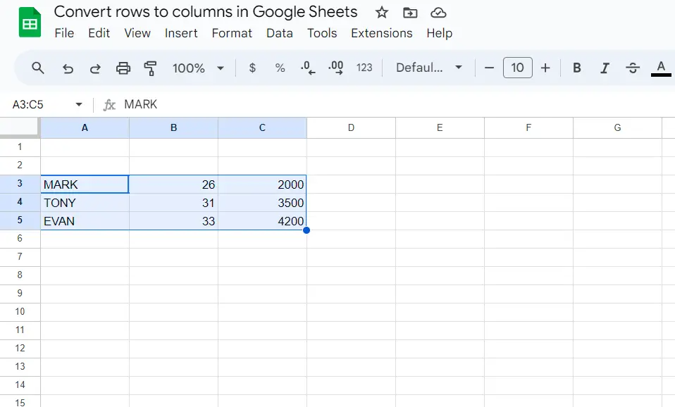 Original Rectangular Dataset With Names Ages And Salaries