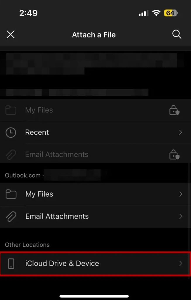 Outlook iOS File Select