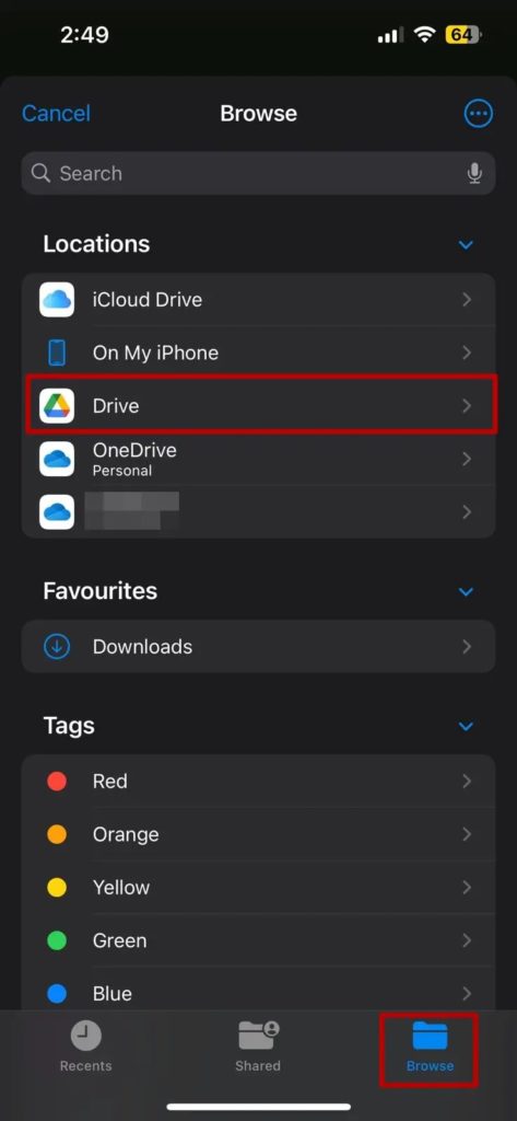Outlook iOS Google Drive Select