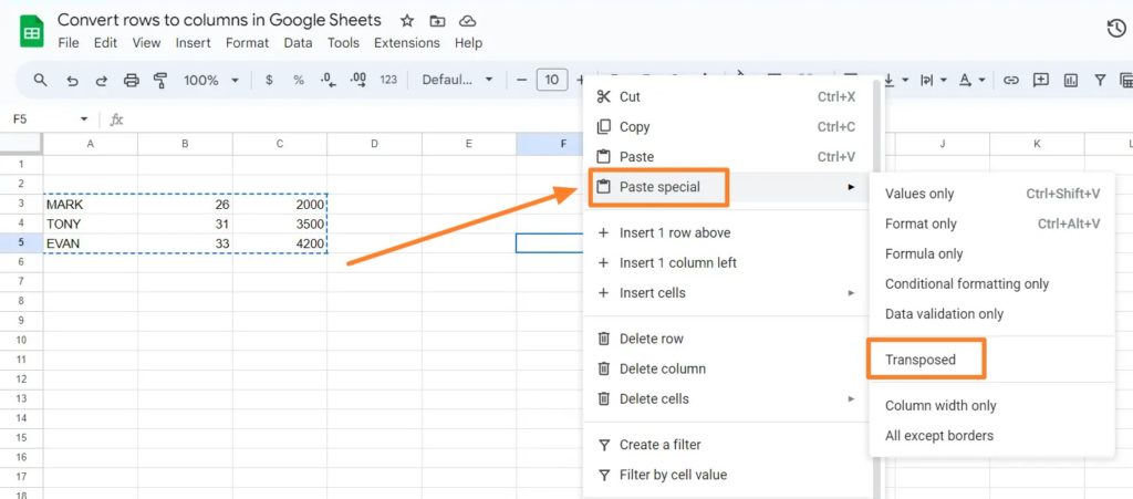 Paste Special Transpose Data