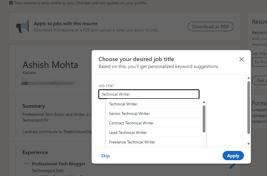 Select Job Title LinkedIn Resume