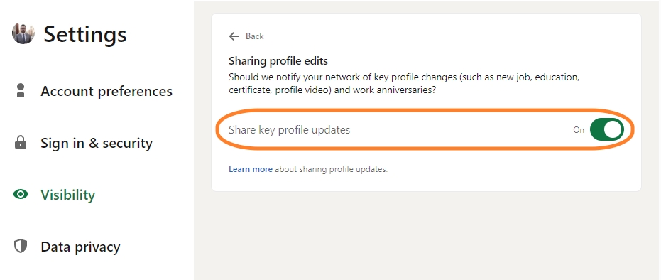 Share Key Profile Updates Toggle LinkedIn