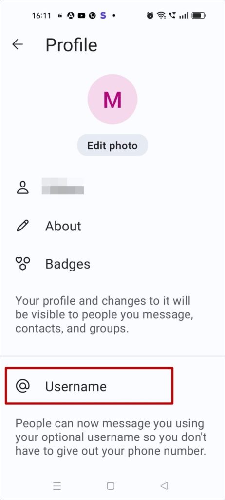 Tap on Username option in Signal Profile Settings