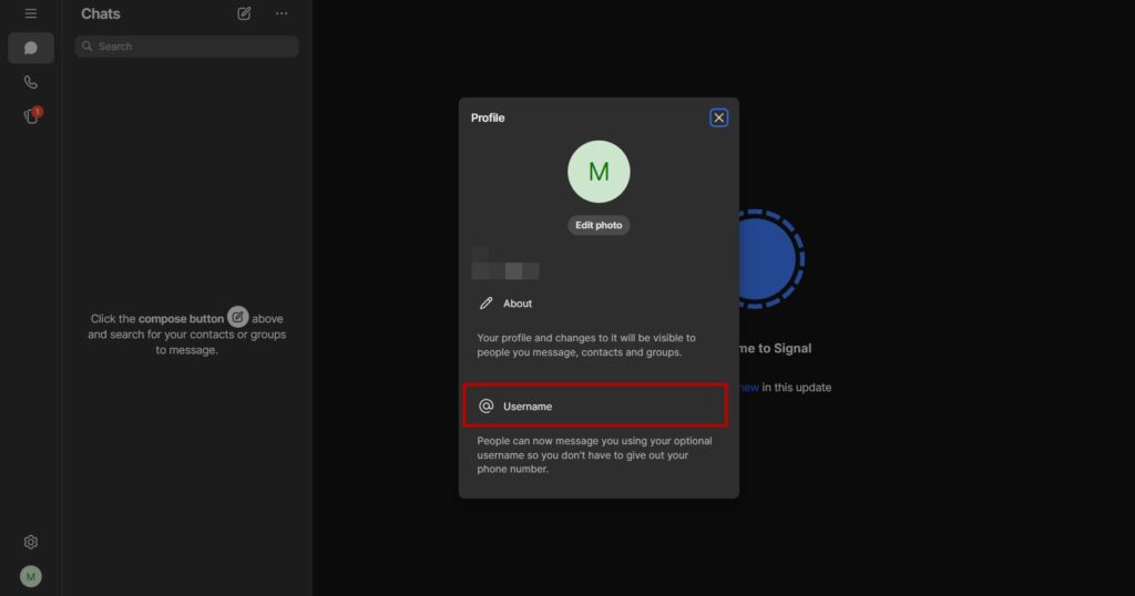 Locate Username under Signal Profile Settings on Desktop
