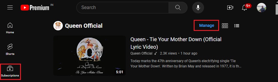 YouTube web subscription Manage button
