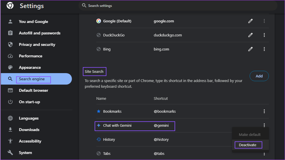 Deactivate Chat with Gemini Option Chrome